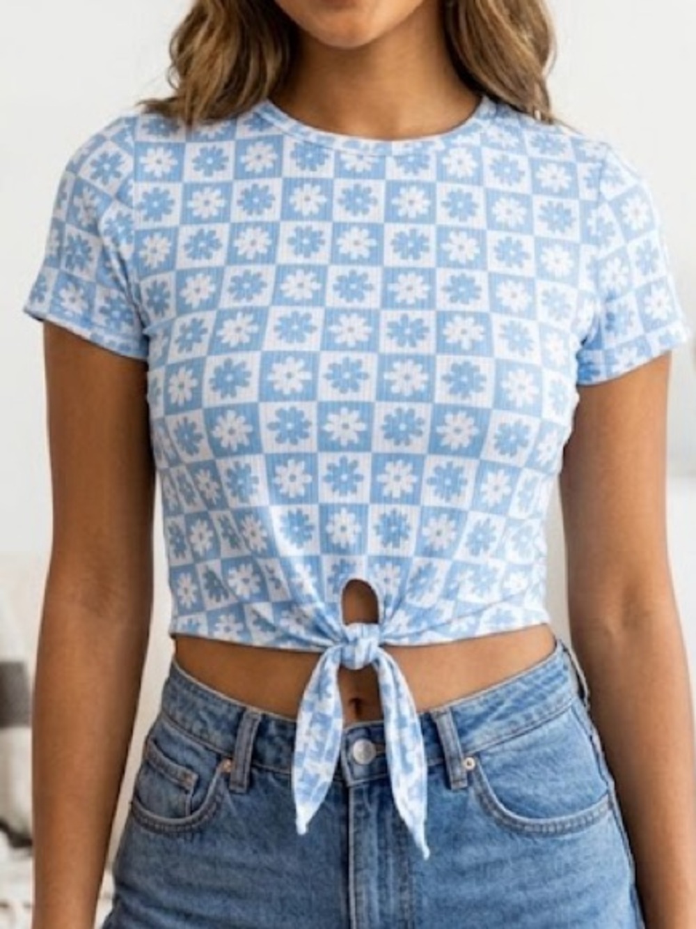 Retro Floral Checkered Tie-Front Crop Top